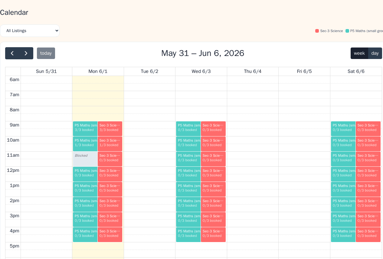 Kedai booking calendar — a weekly grid of class timeslots with booked counts and a blocked slot