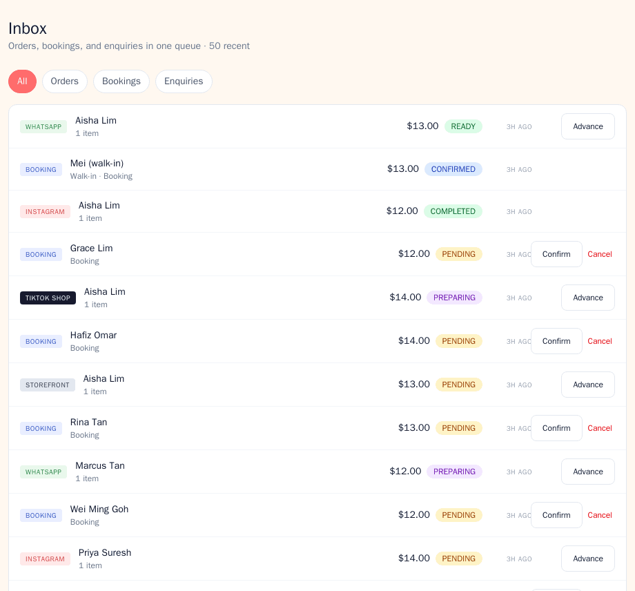 Kedai unified inbox showing orders, bookings and enquiries from WhatsApp, Telegram and the storefront in one queue
